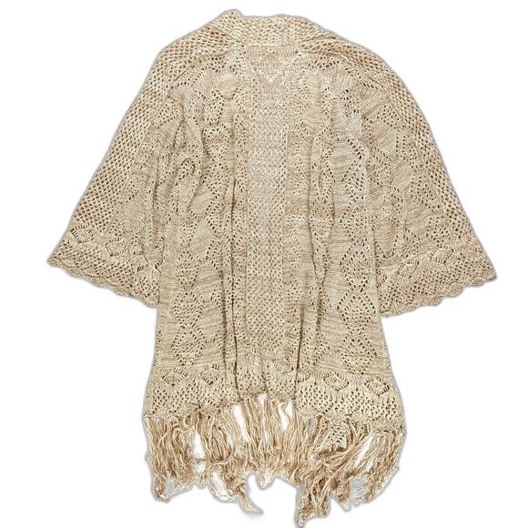 ROXY Crochet Knit Kimono Bell Sleeve Midi Duster Cardigan Boho Fringe Hem Brown - Picture 5 of 6